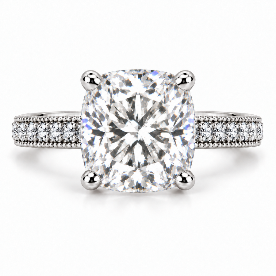 Melden Samantha cushion-cut diamond side-stone engagement ring in White Gold, front view