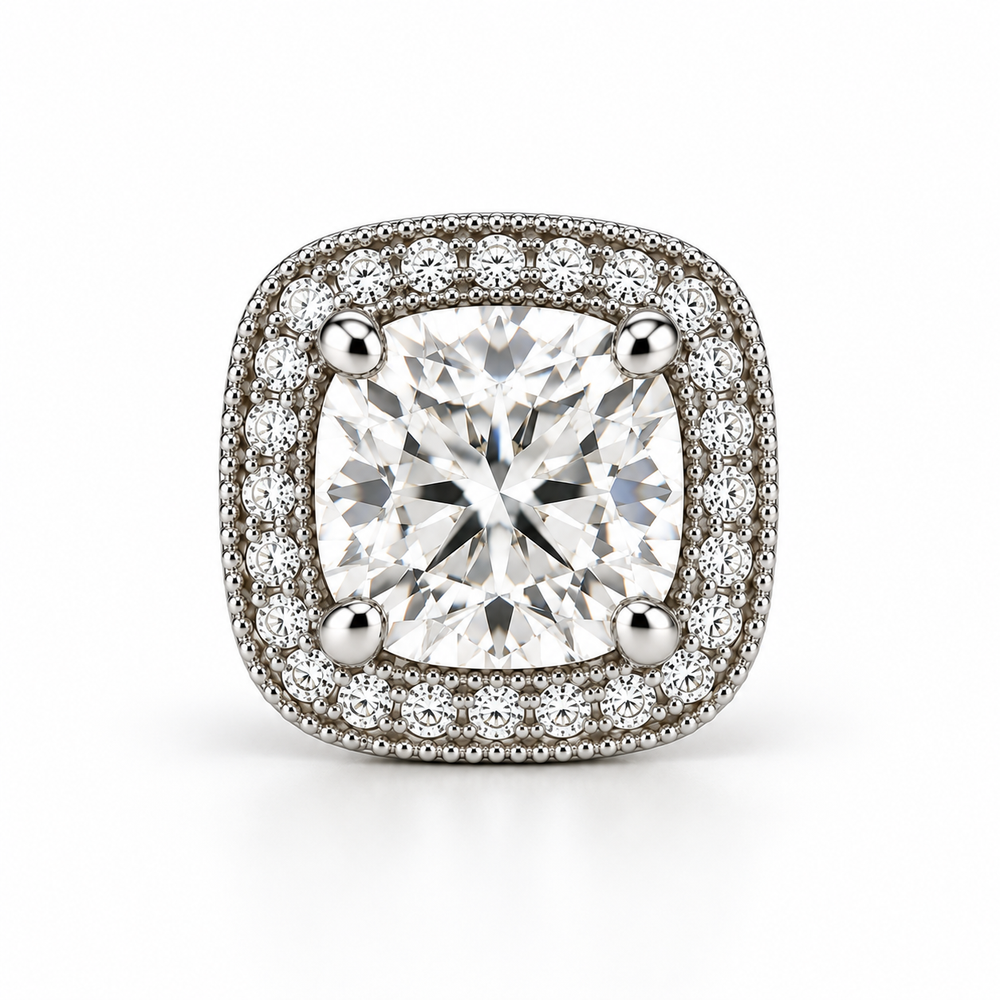 Samantha Cushion halo stud earrings in 14K white gold, front detail