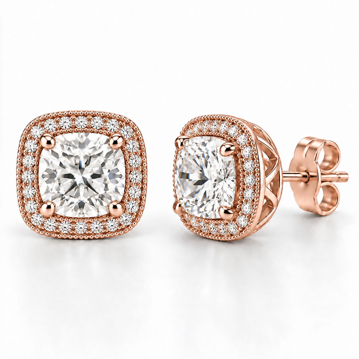 Melden Samantha Cushion Halo Stud Earrings 14K Rose Gold 2.00ct Centers