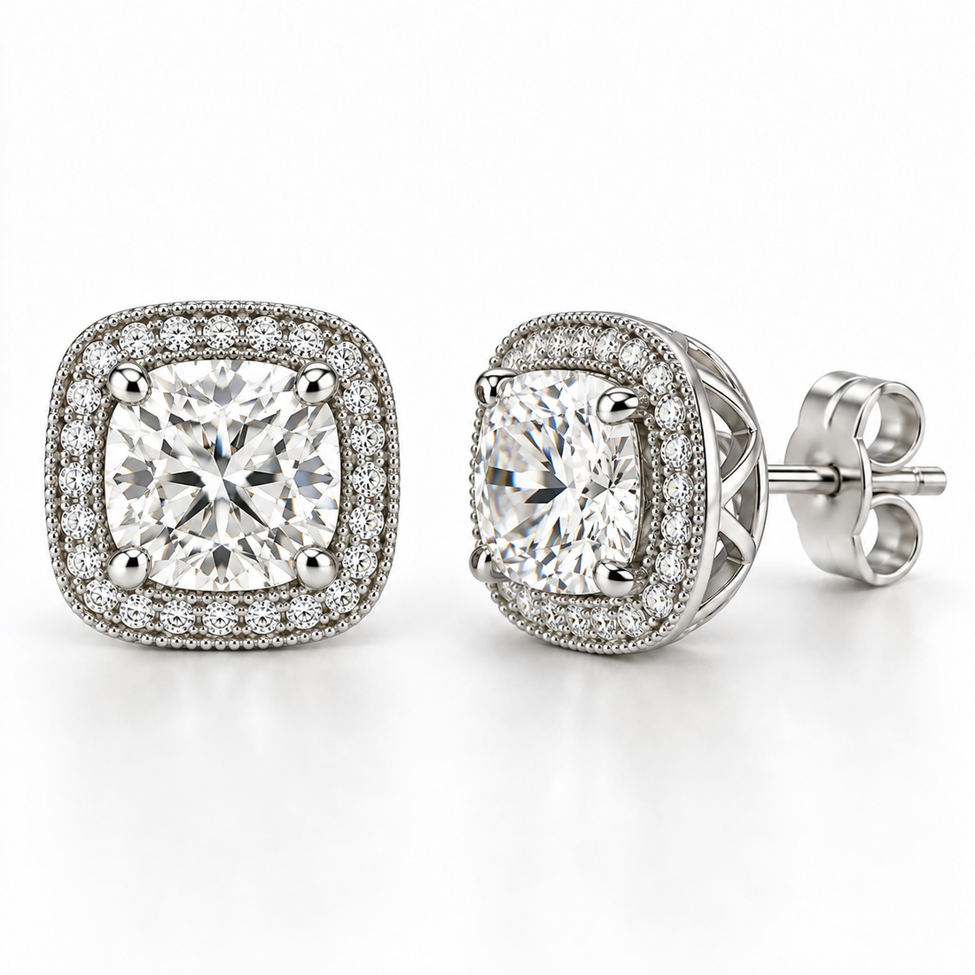 Melden Samantha Cushion Halo Stud Earrings 14K White Gold 2.00ct Centers