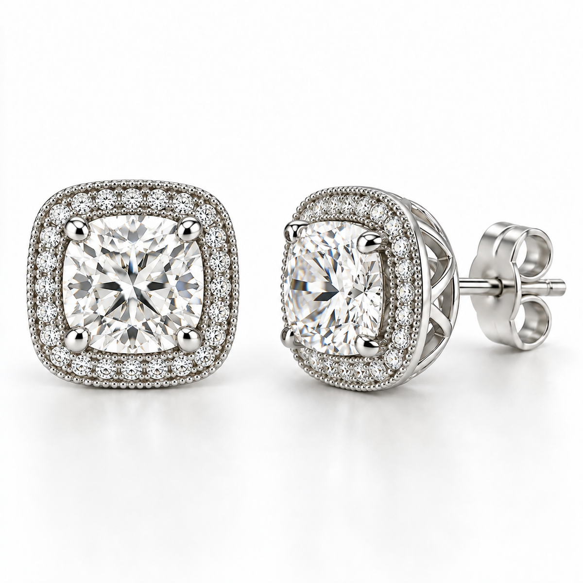 Melden Samantha Cushion Halo Stud Earrings 14K White Gold 2.00ct Centers
