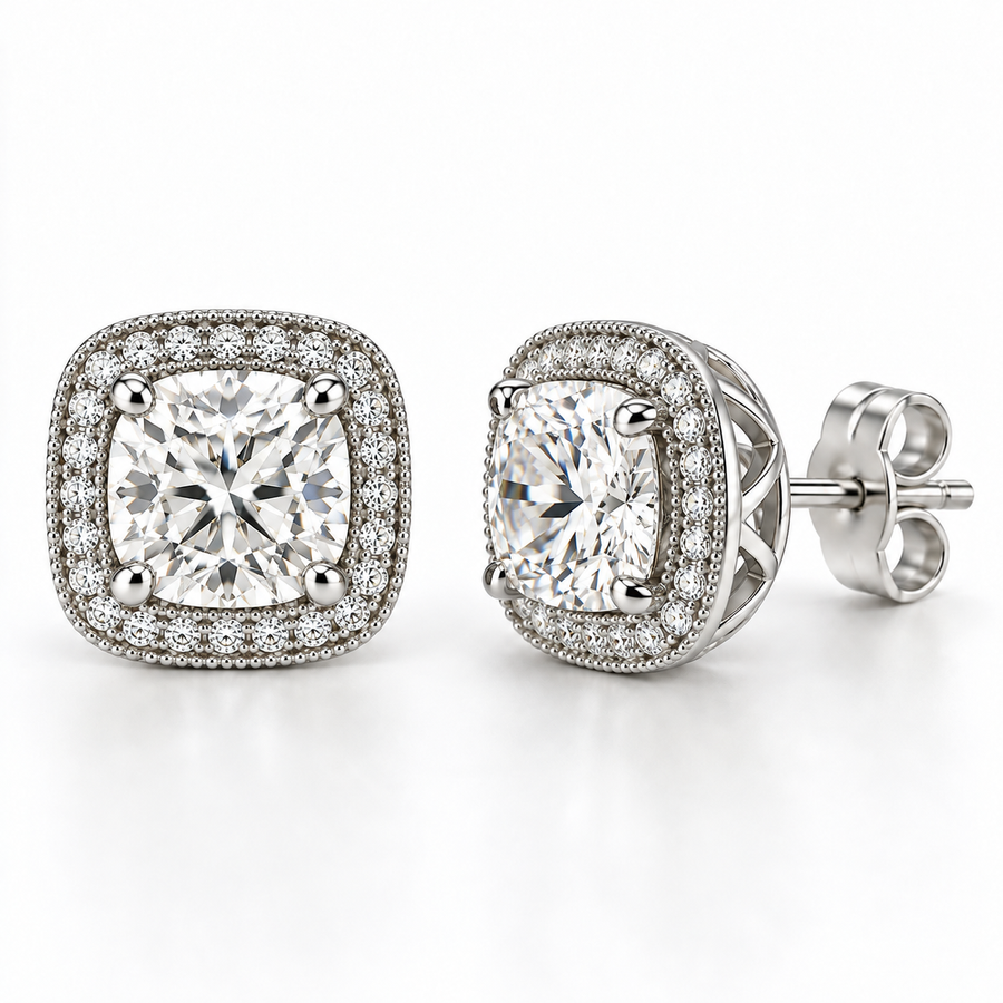 Samantha cushion lab-grown diamond halo stud earrings in 14K white gold
