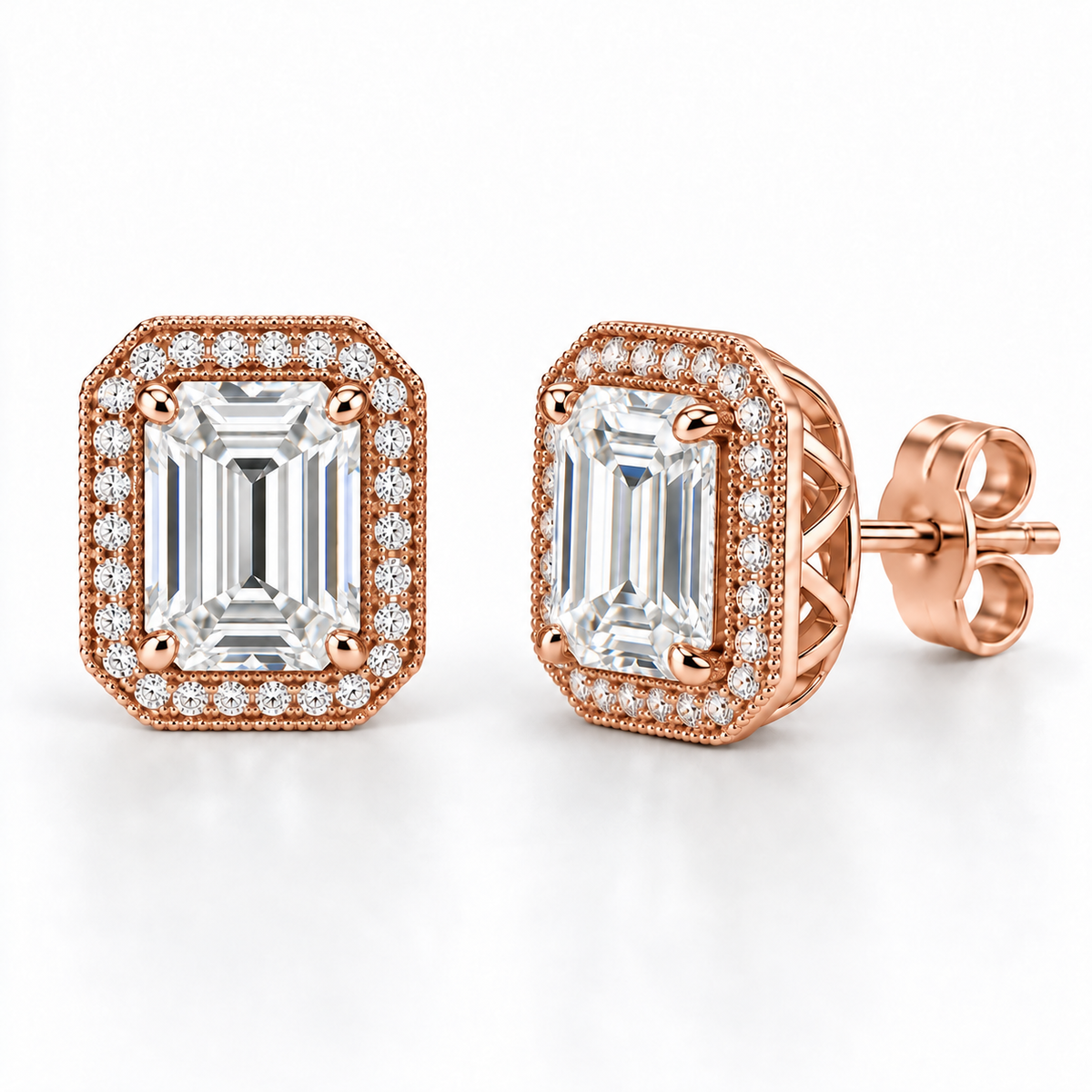 Melden Samantha Emerald Halo Stud Earrings 14K Rose Gold 2.00ct Centers