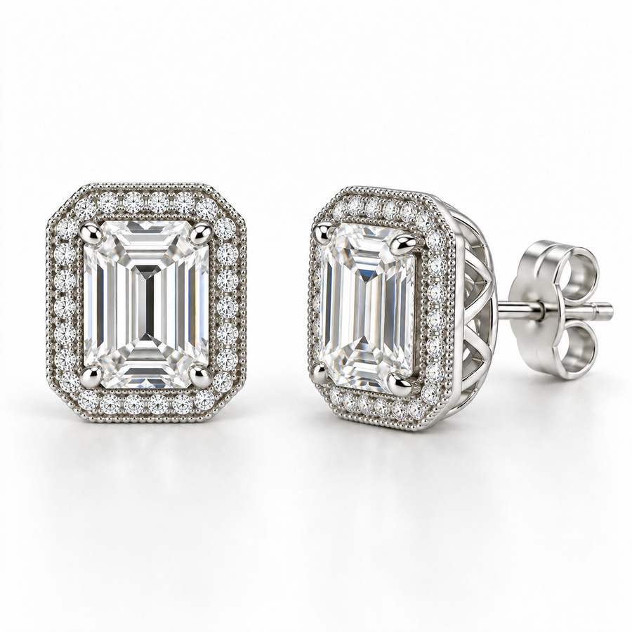 Samantha emerald lab-grown diamond halo stud earrings in 14K white gold