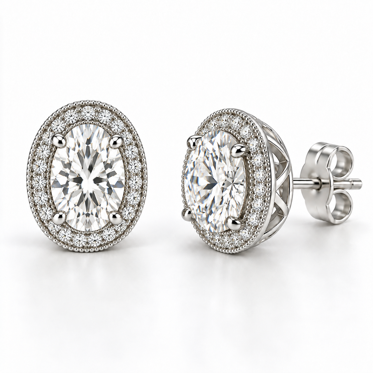 Melden Samantha Oval Halo Stud Earrings 14K White Gold 2.00ct Centers