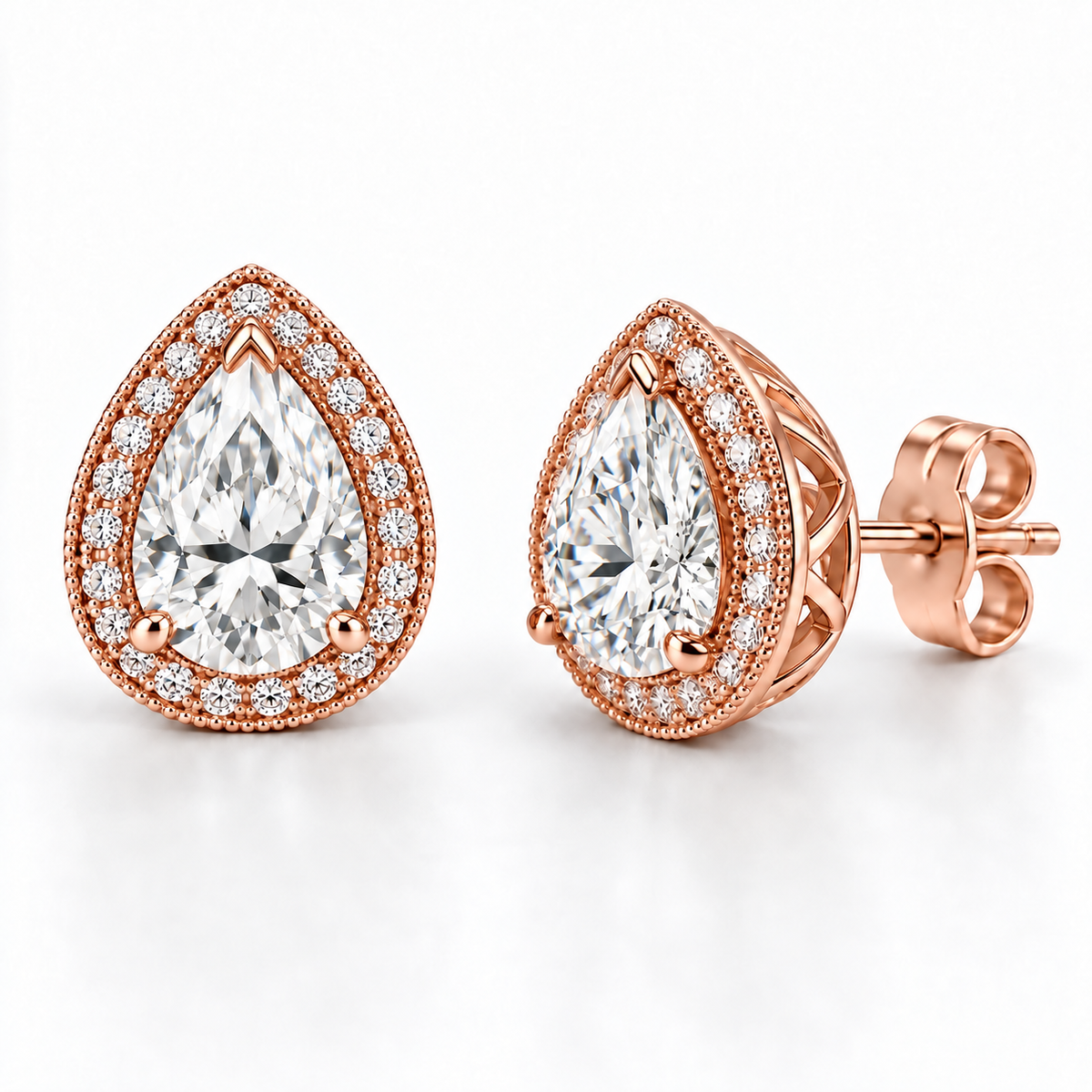 Melden Samantha Pear Halo Stud Earrings 14K Rose Gold 1.00ct Centers