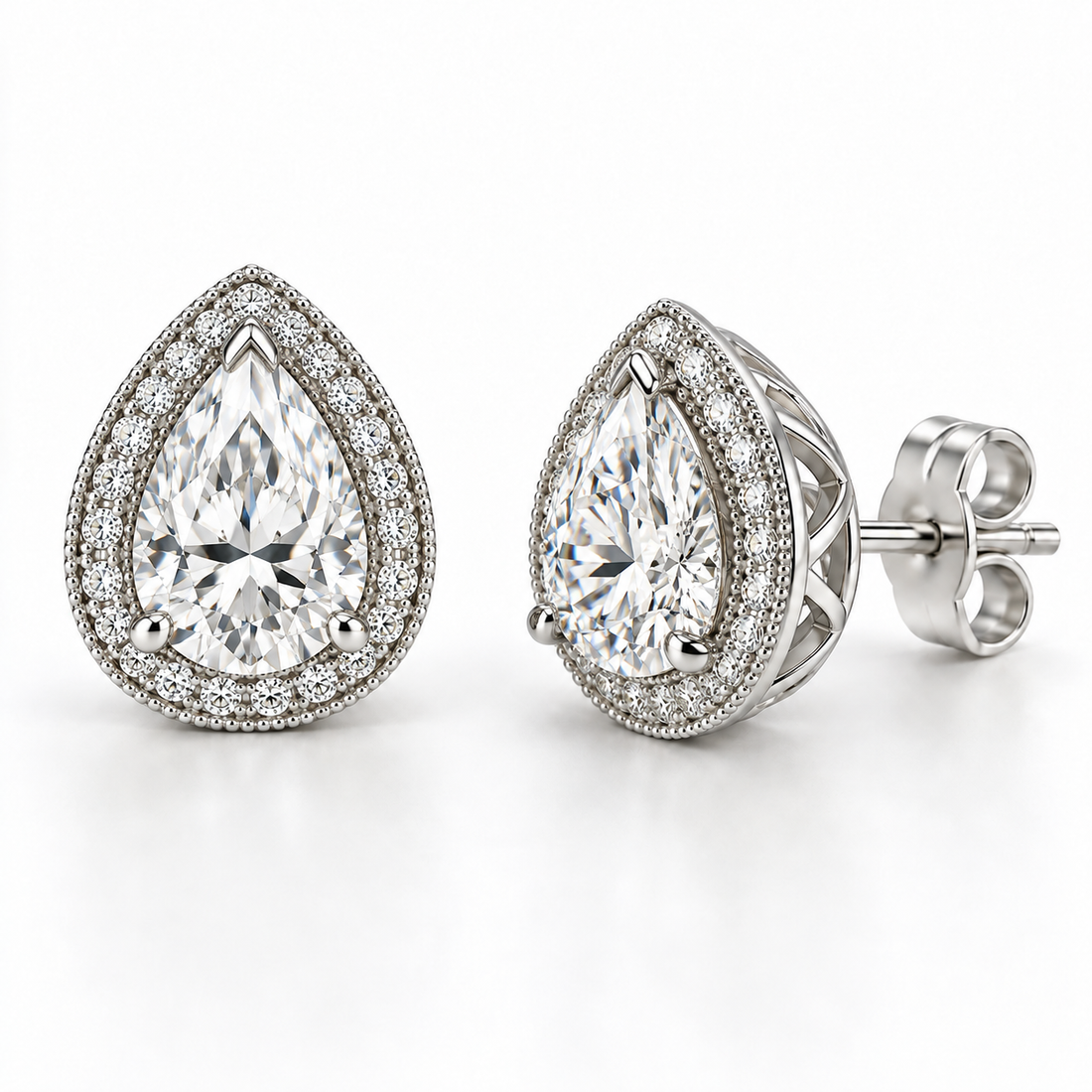 Melden Samantha Pear Halo Stud Earrings 14K White Gold 2.00ct Centers