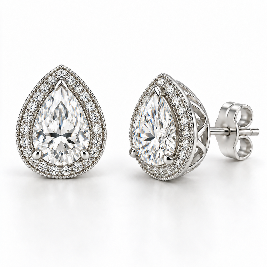 Samantha pear lab-grown diamond halo stud earrings in 14K white gold