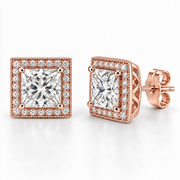Melden Samantha Princess Halo Stud Earrings 14K Rose Gold 2.00ct Centers