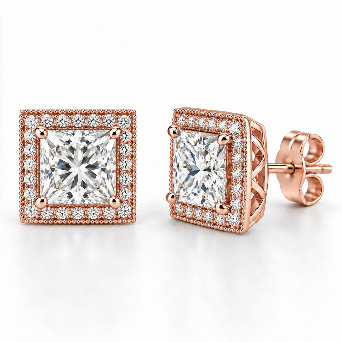 Melden Samantha Princess Halo Stud Earrings 14K Rose Gold 2.00ct Centers