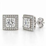 Melden Samantha Princess Halo Stud Earrings 14K White Gold 2.00ct Centers