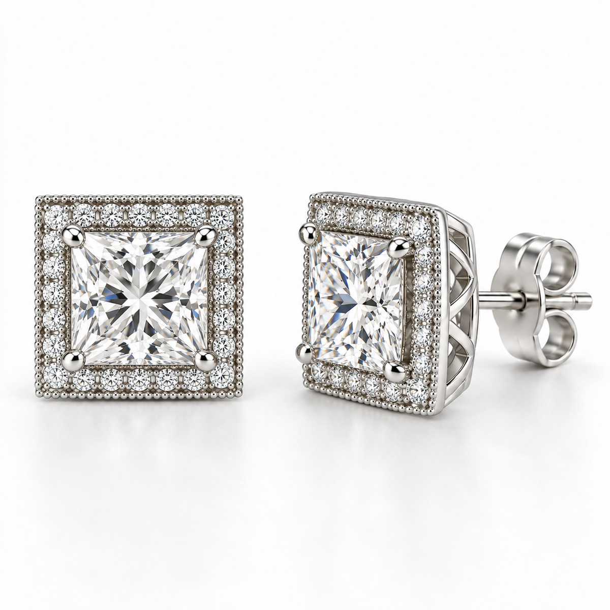Melden Samantha Princess Halo Stud Earrings 14K White Gold 2.00ct Centers