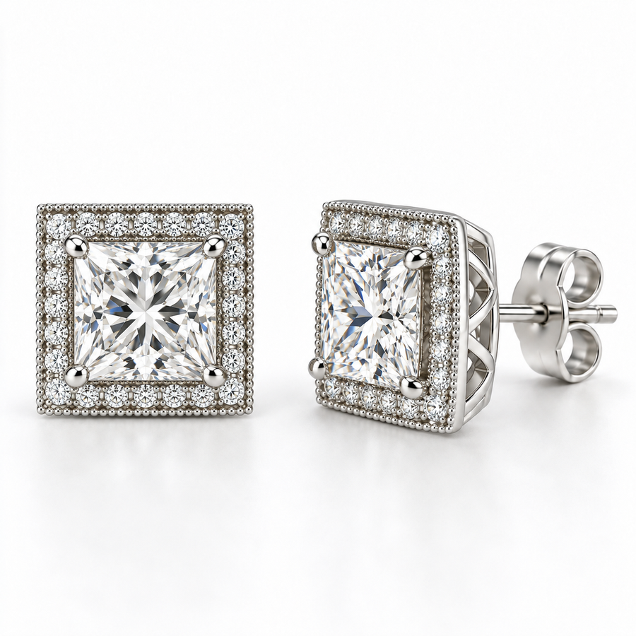 Samantha princess lab-grown diamond halo stud earrings in 14K white gold