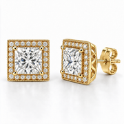 Melden Samantha Princess Halo Stud Earrings 14K Yellow Gold 2.00ct Centers