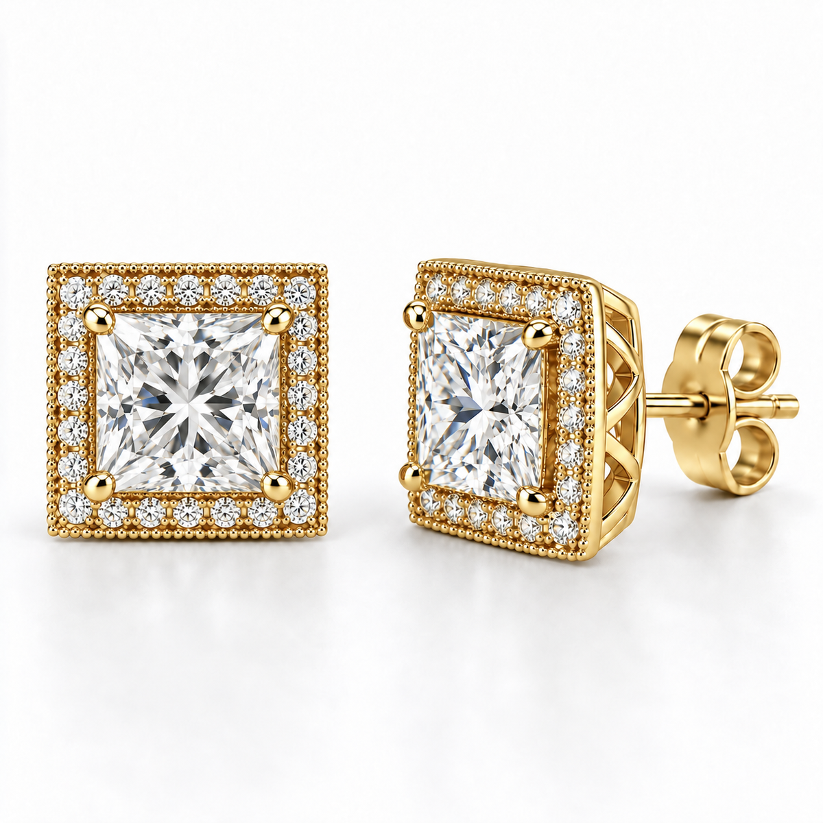Melden Samantha Princess Halo Stud Earrings 14K Yellow Gold 2.00ct Centers