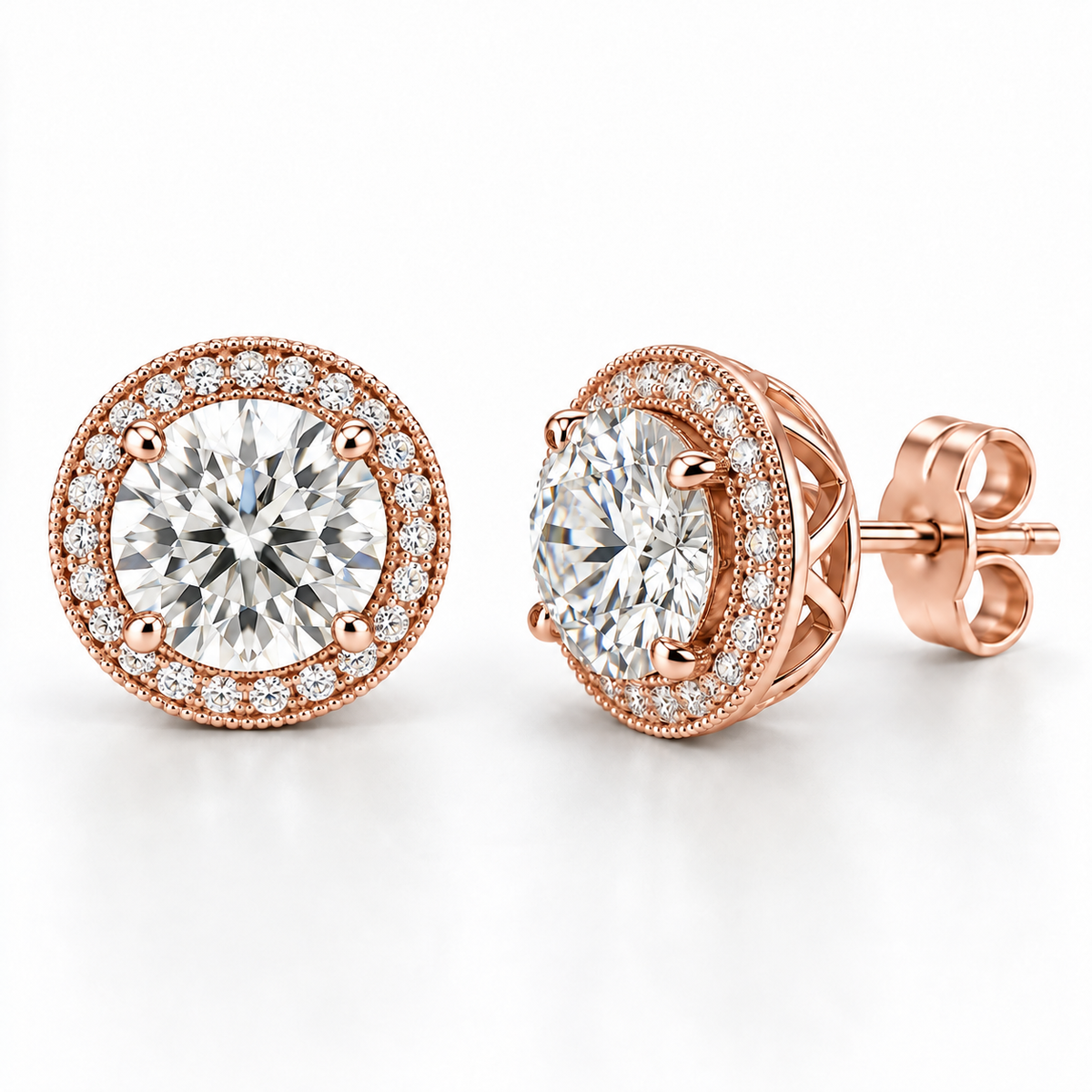 Melden Samantha Round Halo Stud Earrings 14K Rose Gold 2.00ct Centers