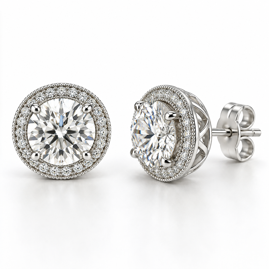 Melden Samantha Round Halo Stud Earrings 14K White Gold 2.00ct Centers