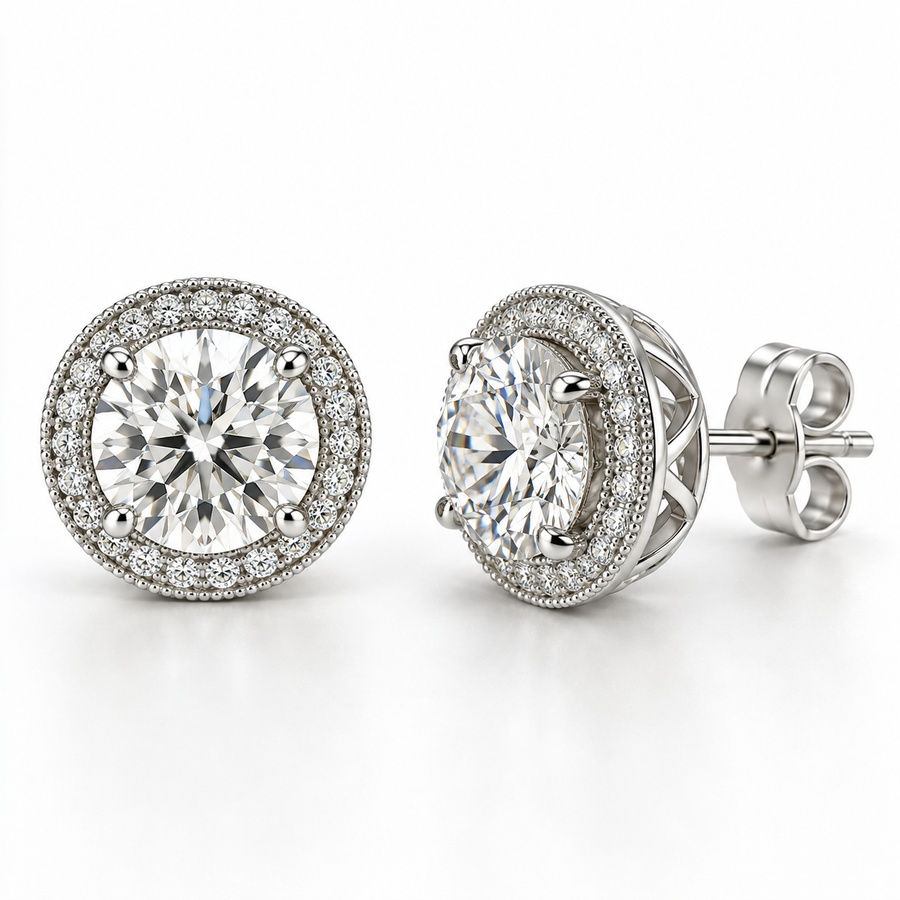 Samantha round lab-grown diamond halo stud earrings in 14K white gold