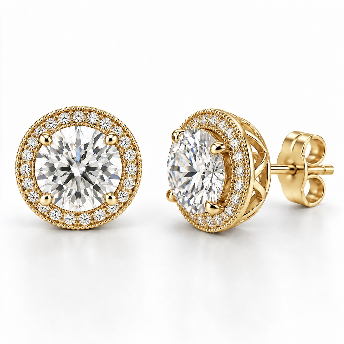 Melden Samantha Round Halo Stud Earrings 14K Yellow Gold 1.00ct Centers