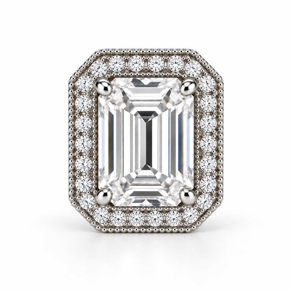 Samantha Emerald halo stud earrings in 14K white gold, front detail