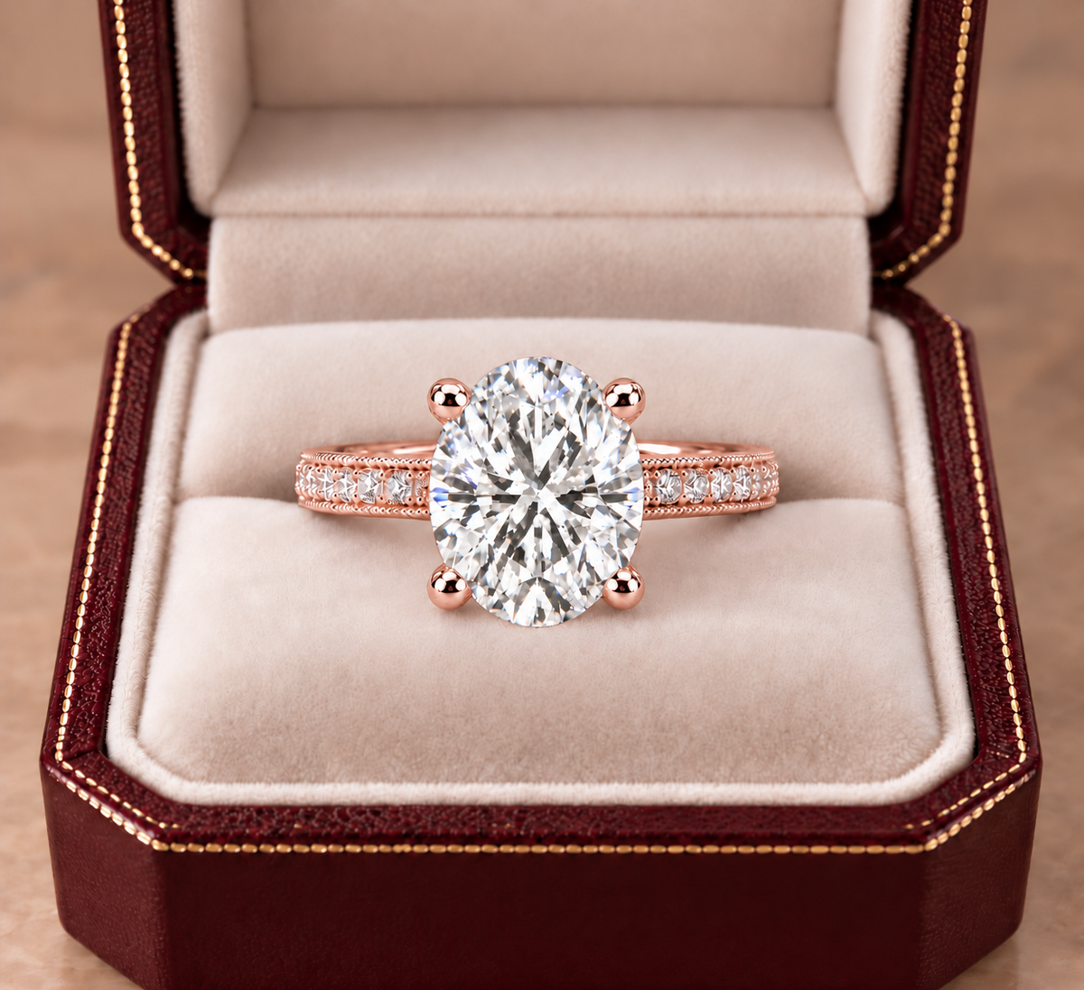 Melden Samantha 14k Rose Gold Ring Oval Diamond Center Stone 2.22ct Total Diamond