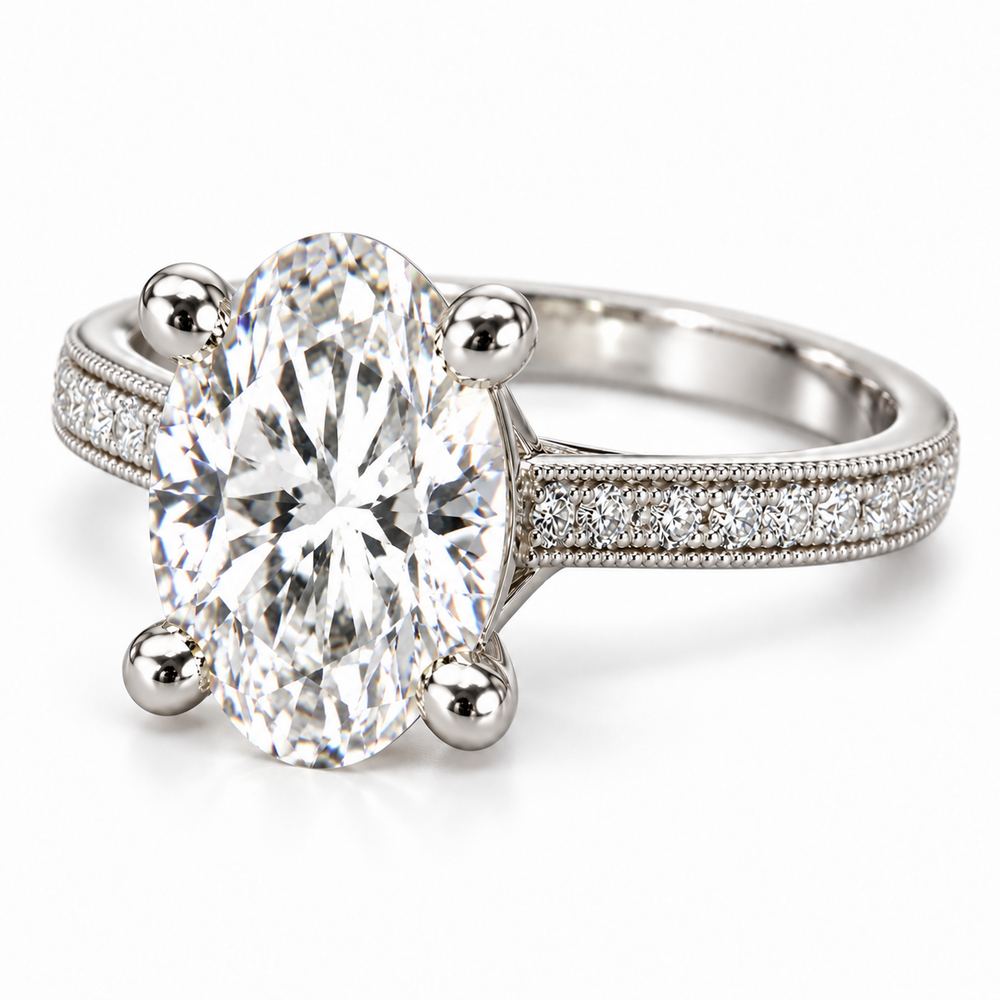 Melden Samantha oval diamond side-stone engagement ring in White Gold, view 2