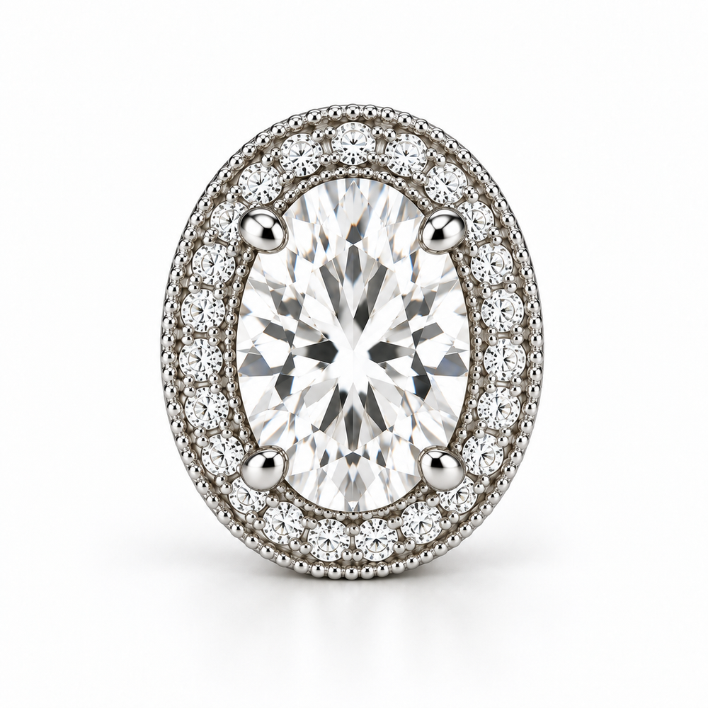 Samantha Oval halo stud earrings in 14K white gold, front detail