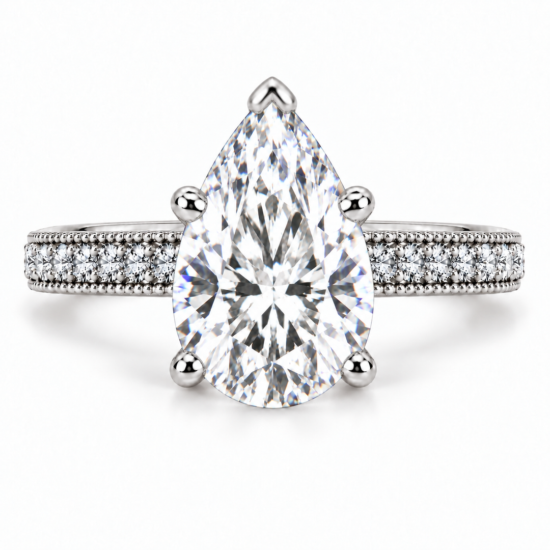 Melden Samantha pear-cut diamond side-stone engagement ring in White Gold, front view