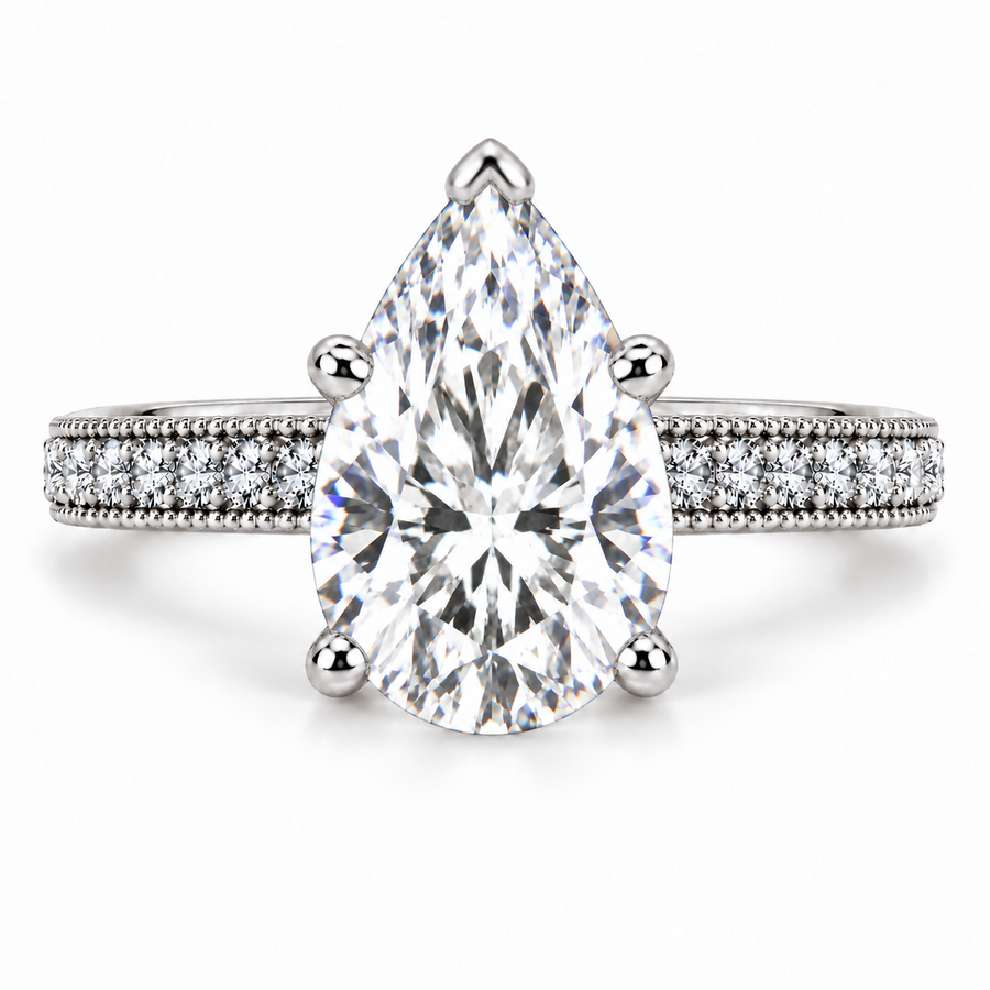 Melden Samantha pear-cut diamond side-stone engagement ring in White Gold, front view