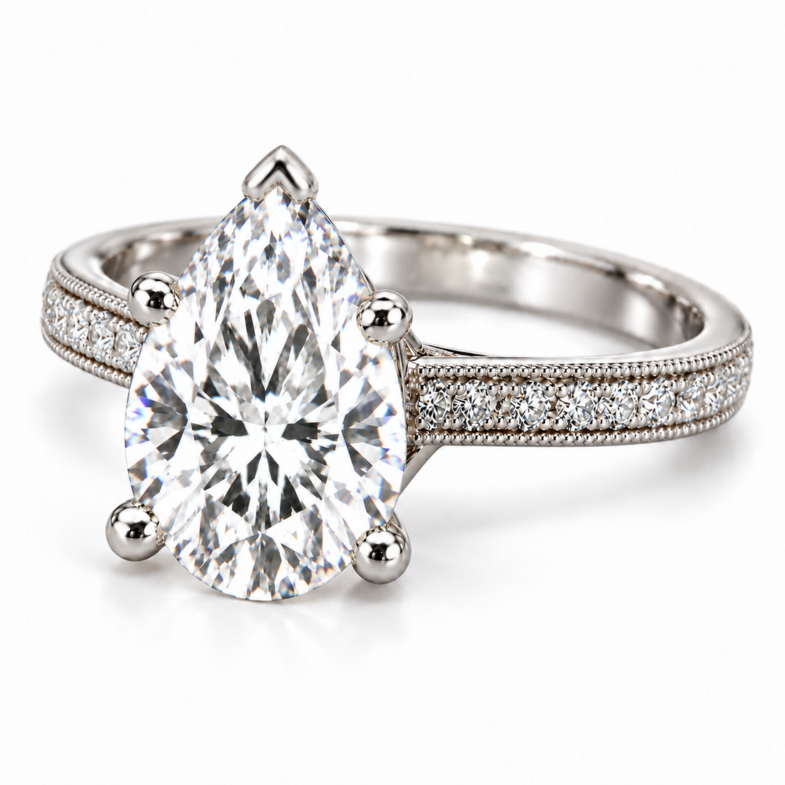 Melden Samantha 14k White Gold Ring Pear Diamond Center Stone 2.22ct Total Diamond