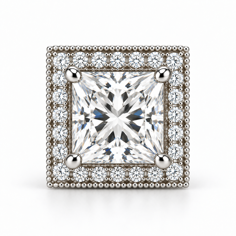 Samantha Princess halo stud earrings in 14K white gold, front detail