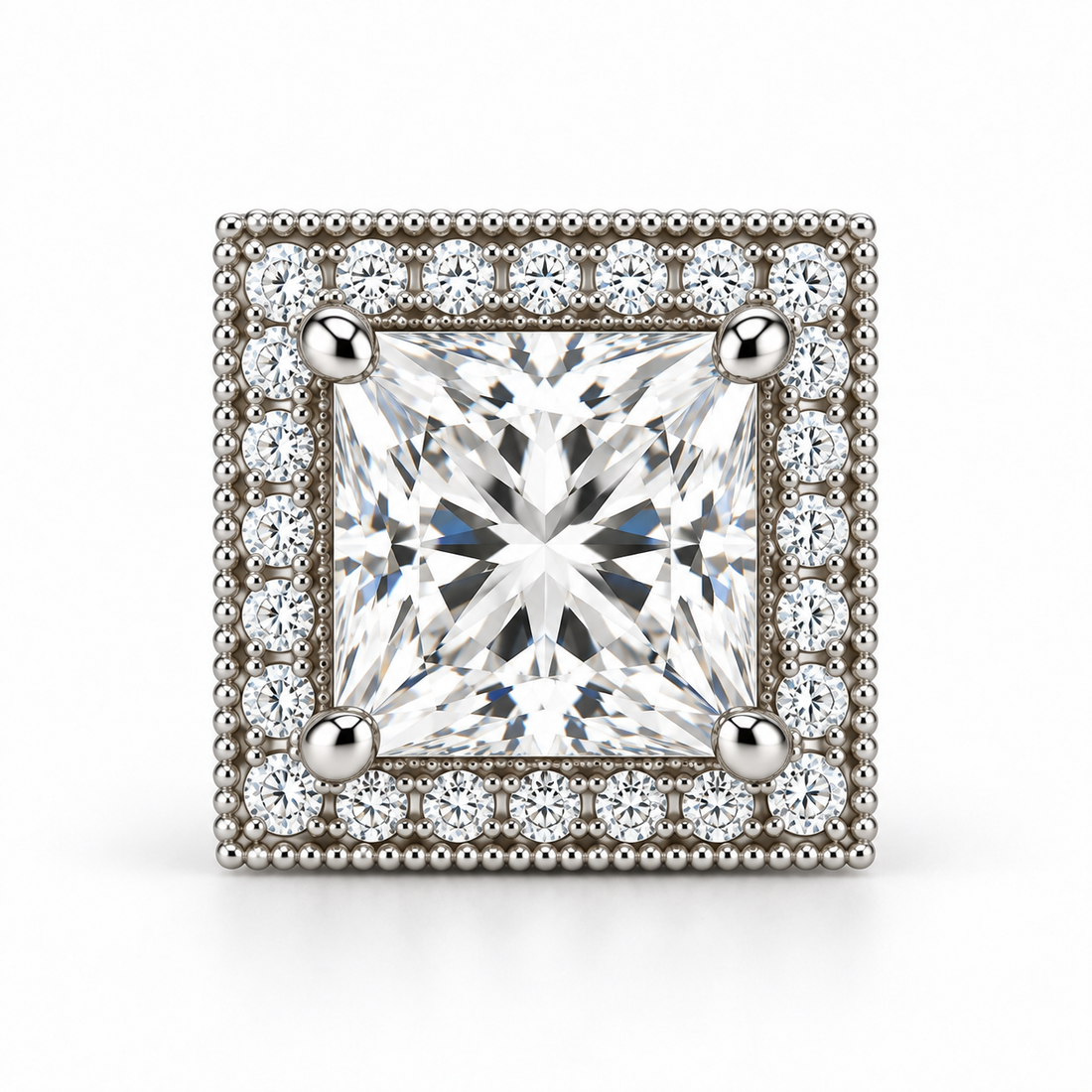 Melden Samantha Princess Halo Stud Earrings 14K White Gold 2.00ct Centers