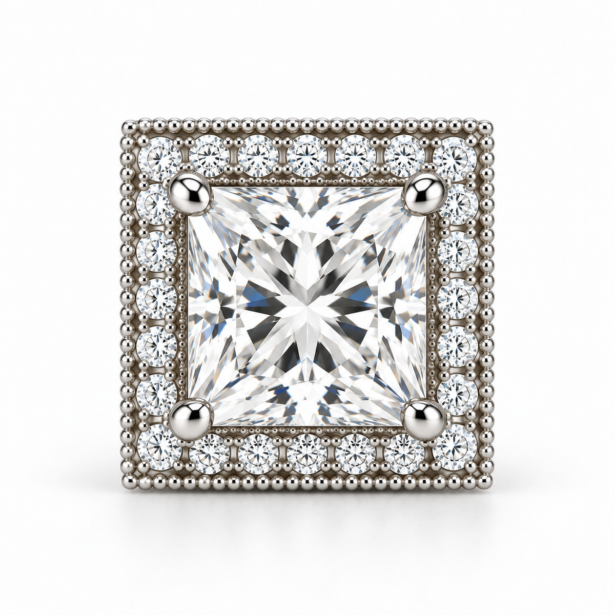 Melden Samantha Princess Halo Stud Earrings 14K White Gold 2.00ct Centers