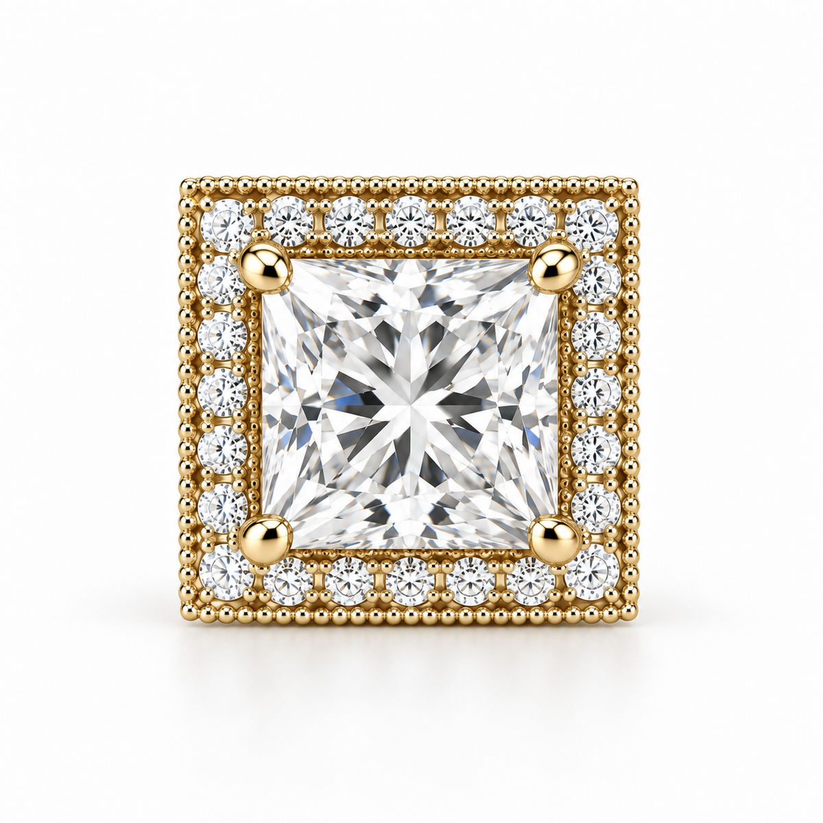 Melden Samantha Princess Halo Stud Earrings 14K Yellow Gold 2.00ct Centers