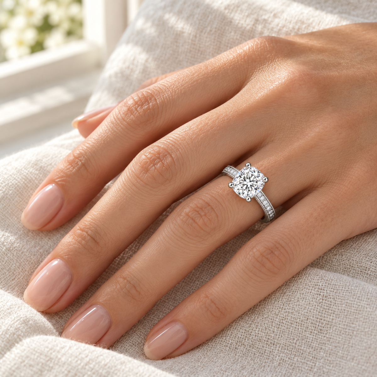 Melden Samantha 14k White Gold Ring Cushion Diamond Center Stone 1.22ct Total Diamond