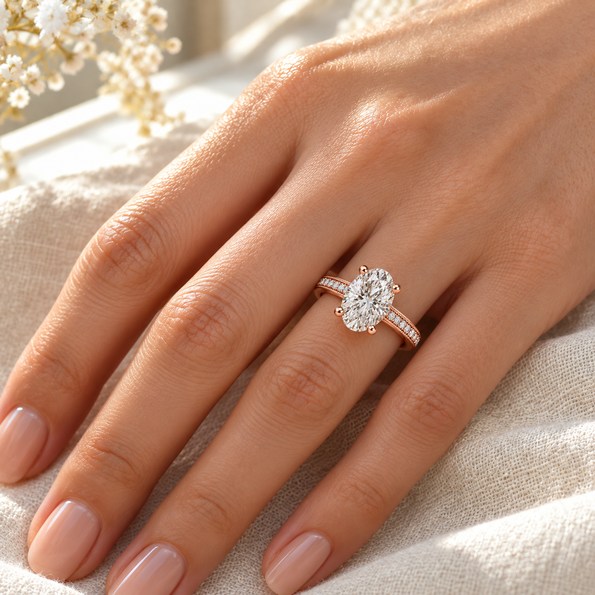 Melden Samantha 14k Rose Gold Ring Oval Diamond Center Stone 2.22ct Total Diamond