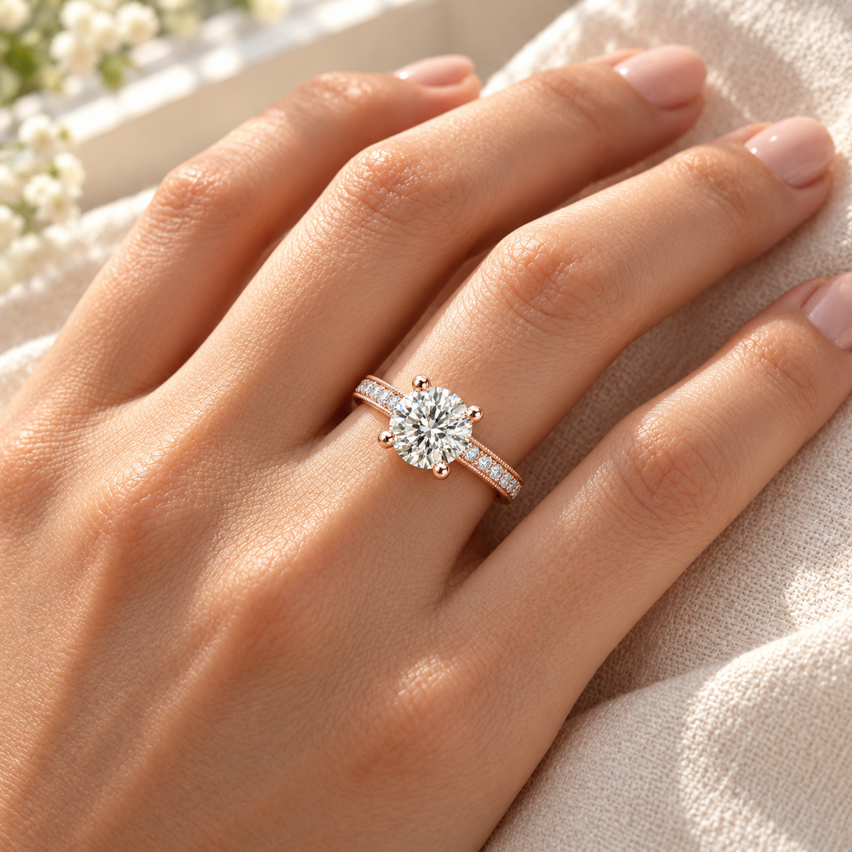 Melden Samantha 14k Rose Gold Ring Round Diamond Center Stone 1.22ct Total Diamond