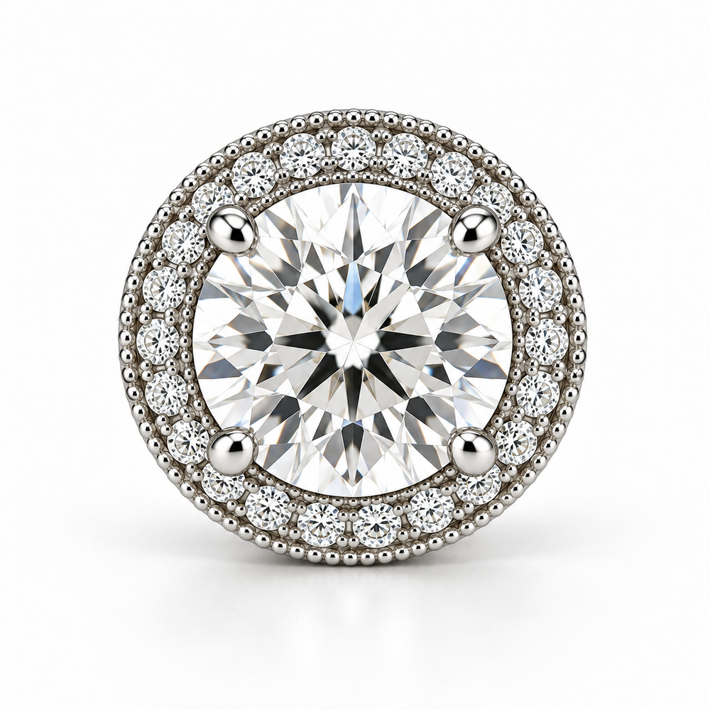 Samantha Round halo stud earrings in 14K white gold, front detail